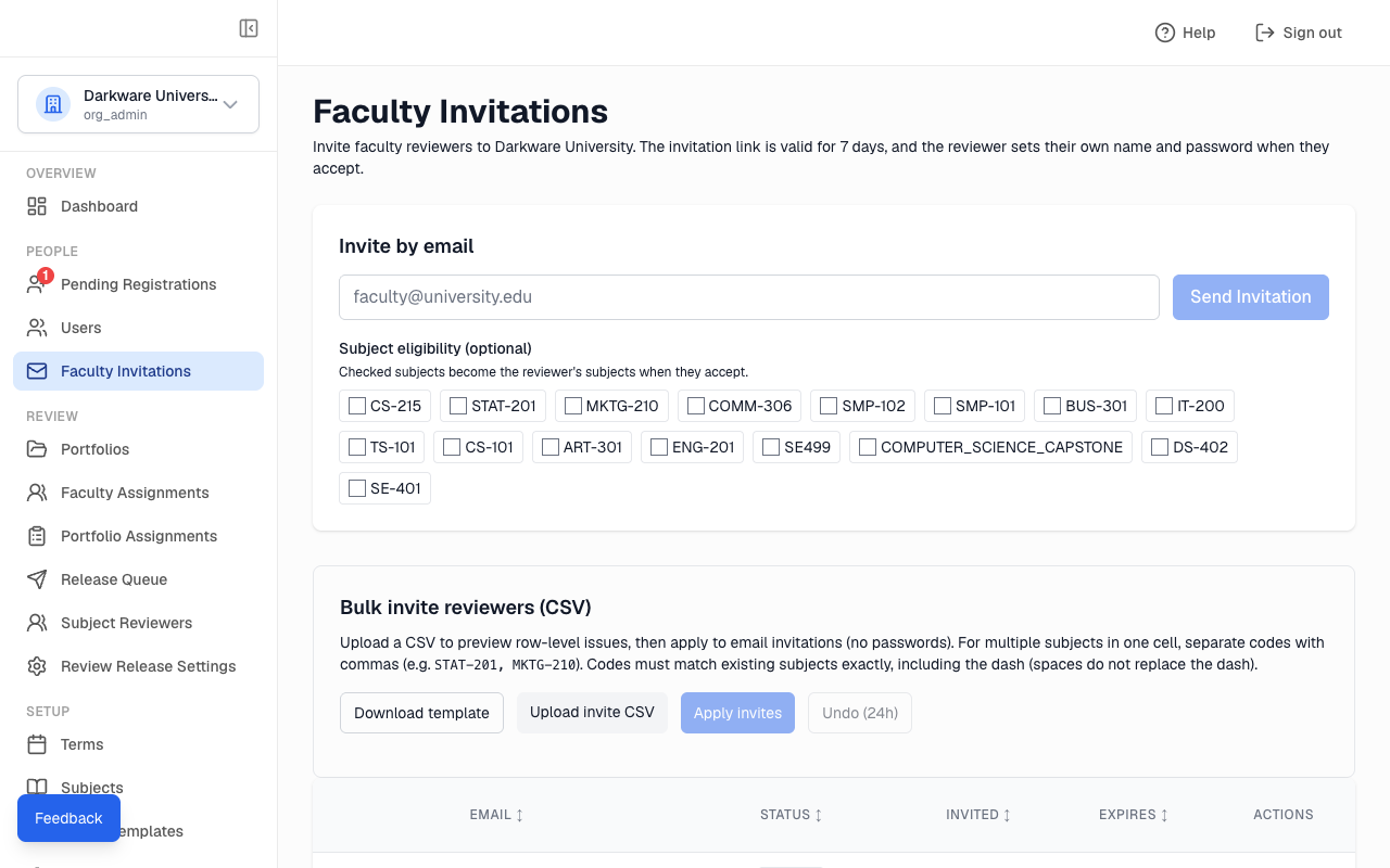 Faculty Invitations page with the email box, subject eligibility, and bulk CSV invite