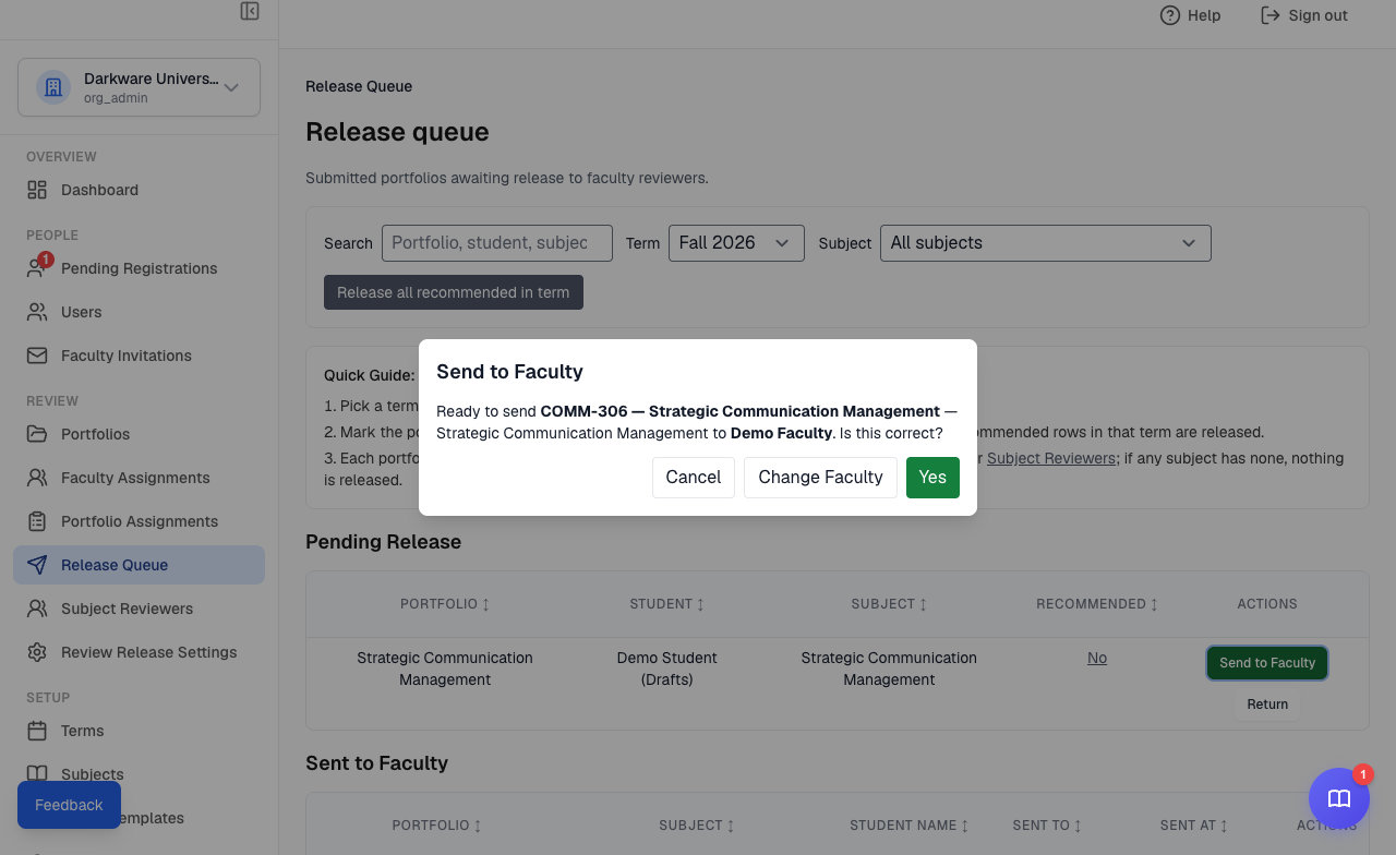 Send to Faculty dialog in the Release Queue asking to confirm the primary reviewer