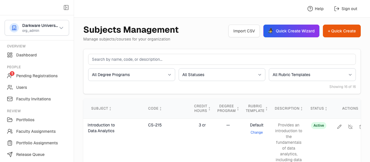 Subjects page with Import CSV, Quick Create, credit hours, and the Rubric Template column